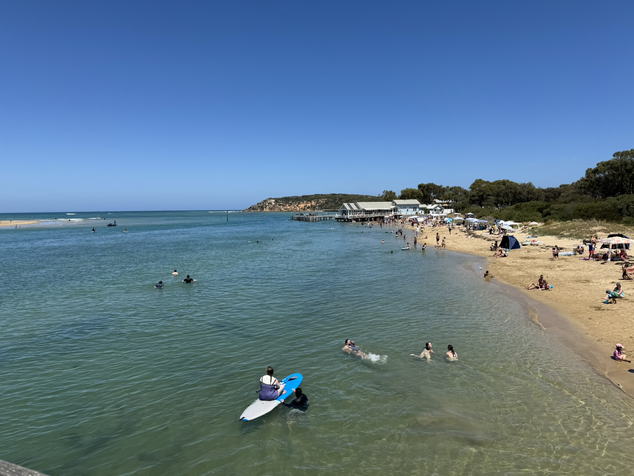 Calm blue water and beachgoers near Barwon Heads on the Barwon River